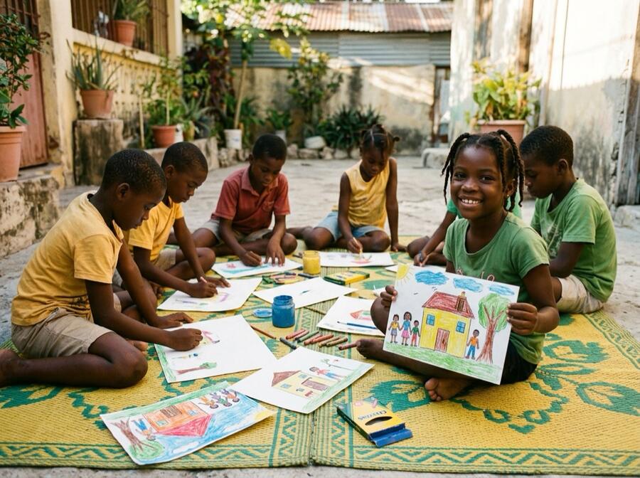 Illustration: children sitting in a circle, drawing and painting together