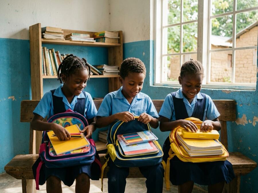 Illustration: children receiving school bags and supplies