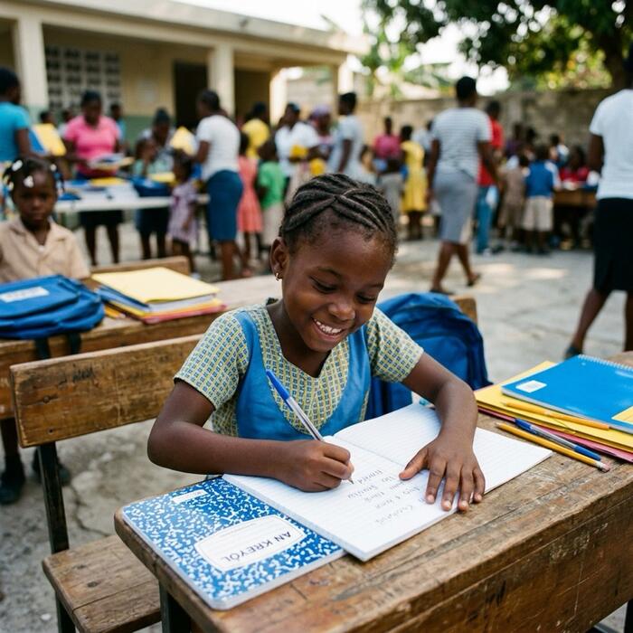 Illustration: a child writing in a new notebook