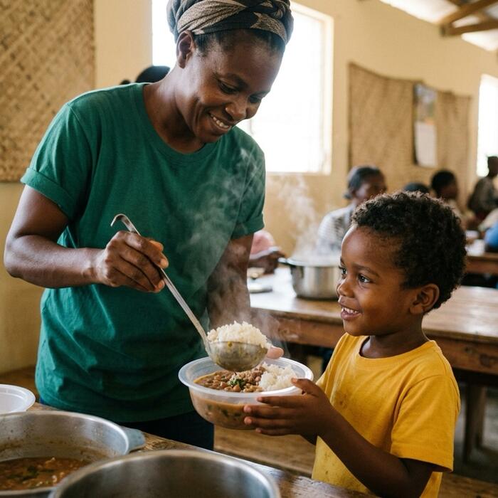 Illustration: a volunteer serving a hot meal