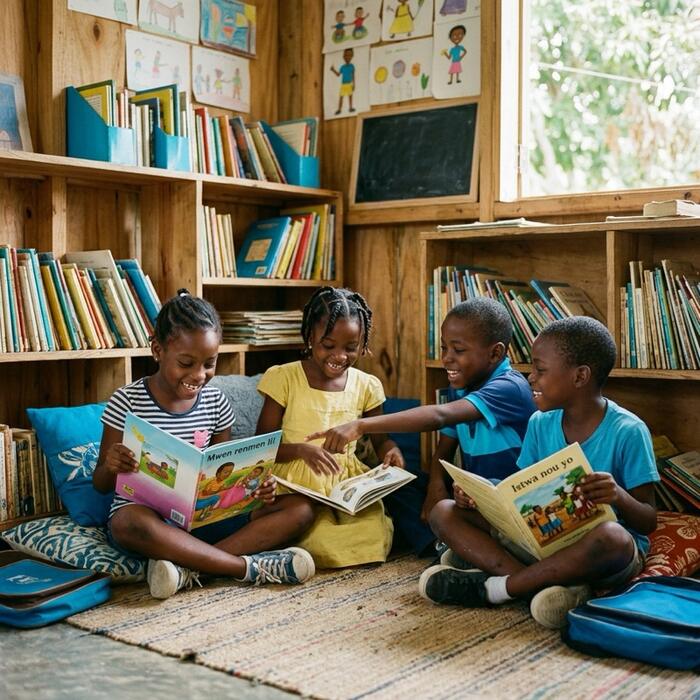 Illustration: a reading corner with children choosing books