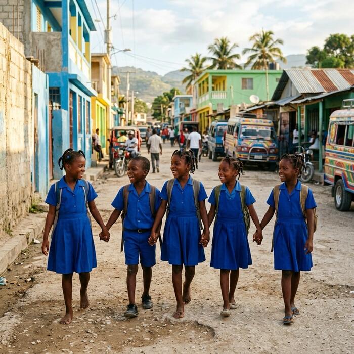 Illustration: children walking to school in the morning light